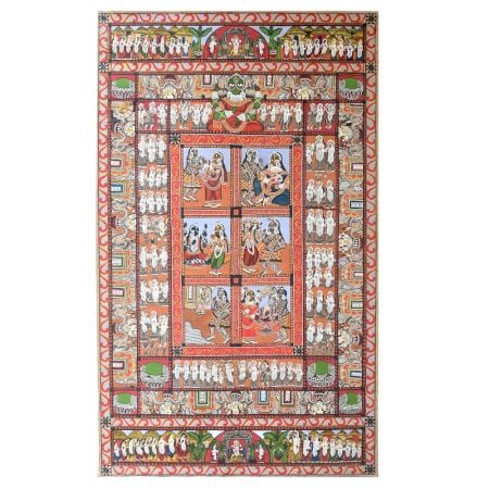 Traditional Bengal Pattachitra Painting on Cloth Depicting the Shiva Puran Story by Artist Sahajan Chitrakar