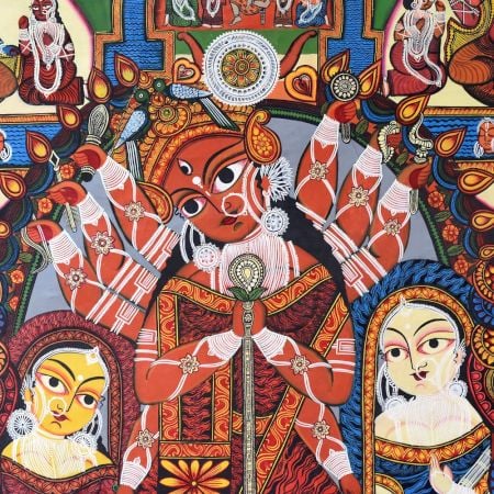 Handmade Bengal Pattachitra Natural Colors Painting of Goddess Durga on Cloth by Artist Sahajan Chitrakar
