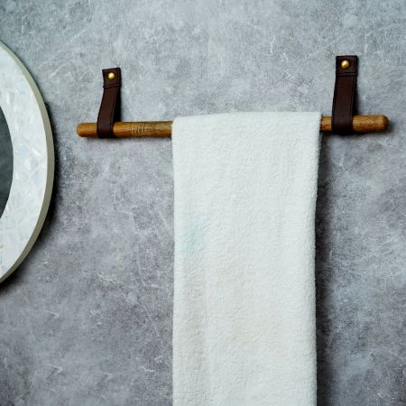 Rustic Wooden Towel Holder with Leather Strap Mount
