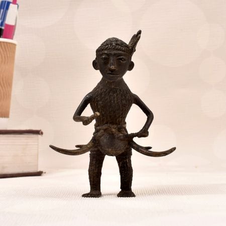 Vintage Naga Art Brass Statue of Man Playing Drum for Decor