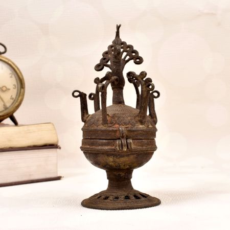 Peacock Carving Finest Brass Sindoor Box in Tribal Art