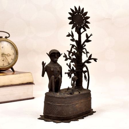 Vintage Brass Statue of Two Monkey Sitting Under Tree for Decor