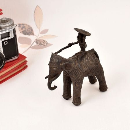 Tribal Art Handcrafted Brass Elephant with Rider in Vintage Finish