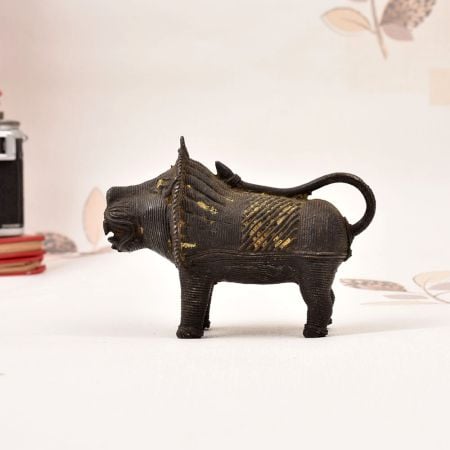 Handmade Vintage Brass Tribal Lion Statue in Odisha Art