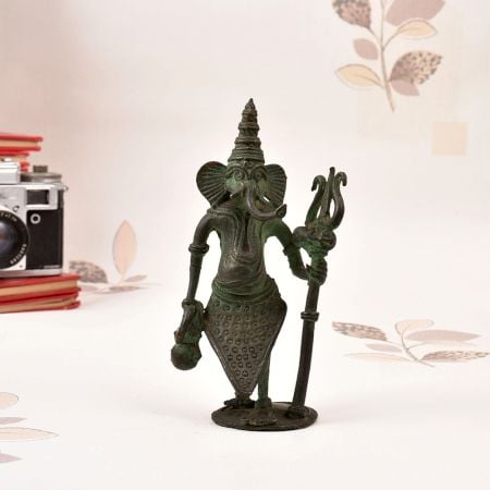 Finest Tribal Brass Lord Ganesha Statue with Trident and Kamandal
