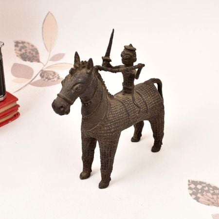 Gond Art Brass Statue of Horse with Rider in Vintage Finish