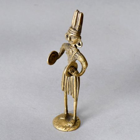 Tribal Art Handmade Brass Man Statue Playing Manjeera for Decor