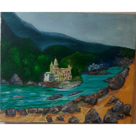 Riverside Temple in the Himalayas Acrylic on Canvas by Artist Gayatri Sharma | 22 x 21 inches