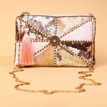 Iridescent Sequin Clutch with Central Beadwork & Tassel Accent