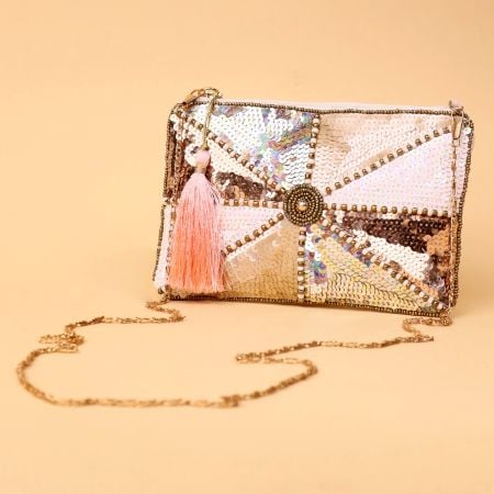 Iridescent Sequin Clutch with Central Beadwork & Tassel Accent
