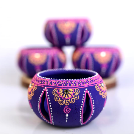 Handmade Washable Terracotta Jali Round Diya Tealight T-Light Candle Holder - Purple - Set of 4