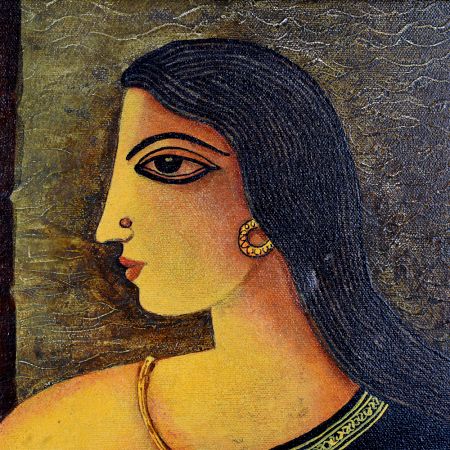 Elegant Woman in Black Saree Acrylic Canvas Painting