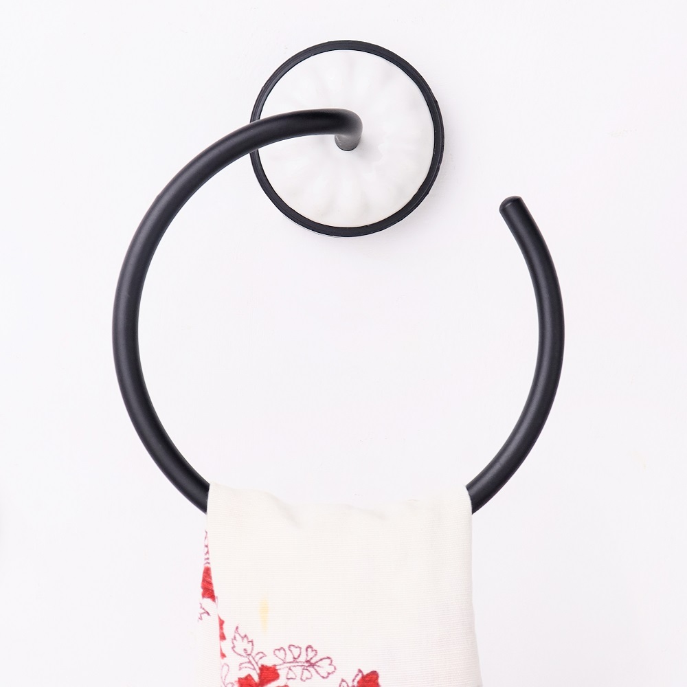 Vintage Black White Aluminum and Ceramic Towel Ring For Bathroom
