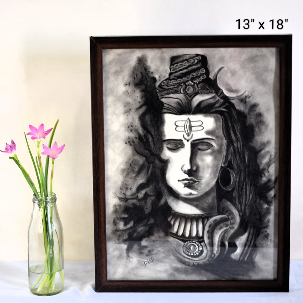 Mahadev Charcoal Sketch on Paper by Artist Dimpana 17 x 13 Inches