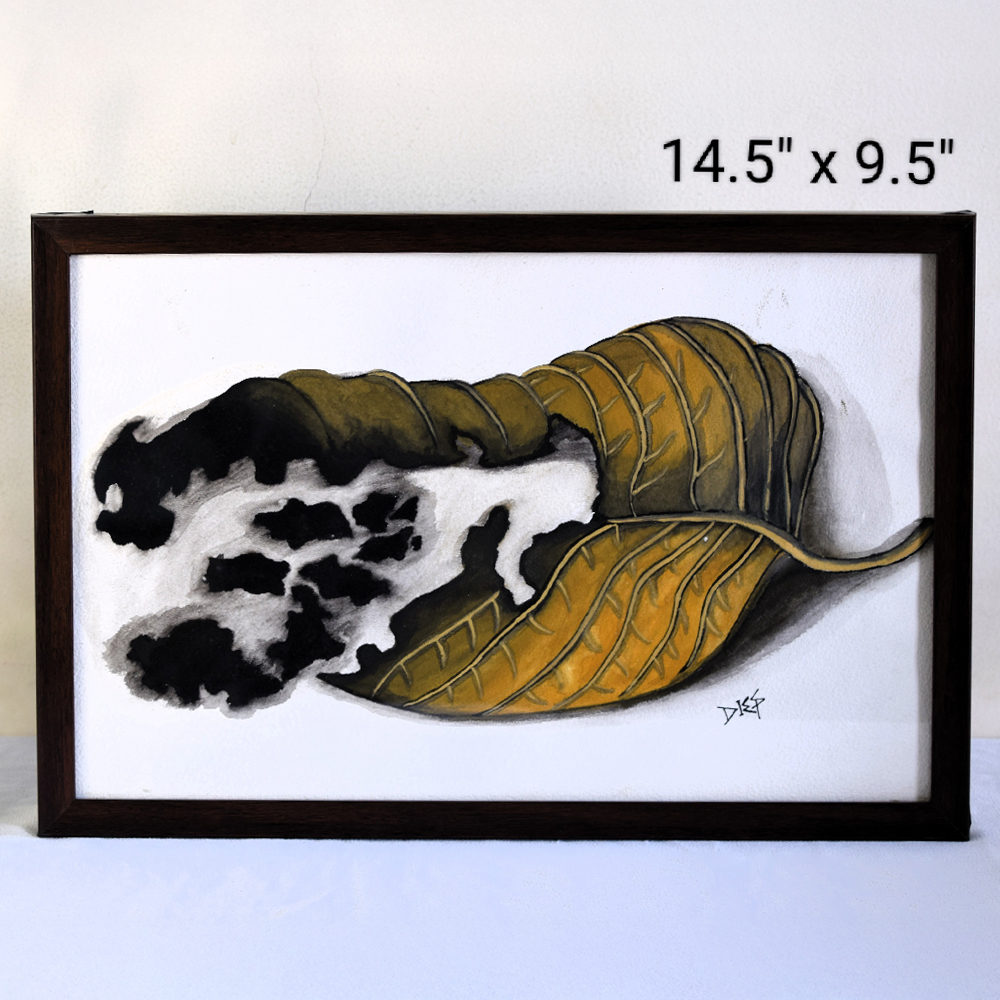Burnt Edge Poster Colour Painting of a Dried Leaf by Artist Dimpana | 14.5 x 9.5 Inches