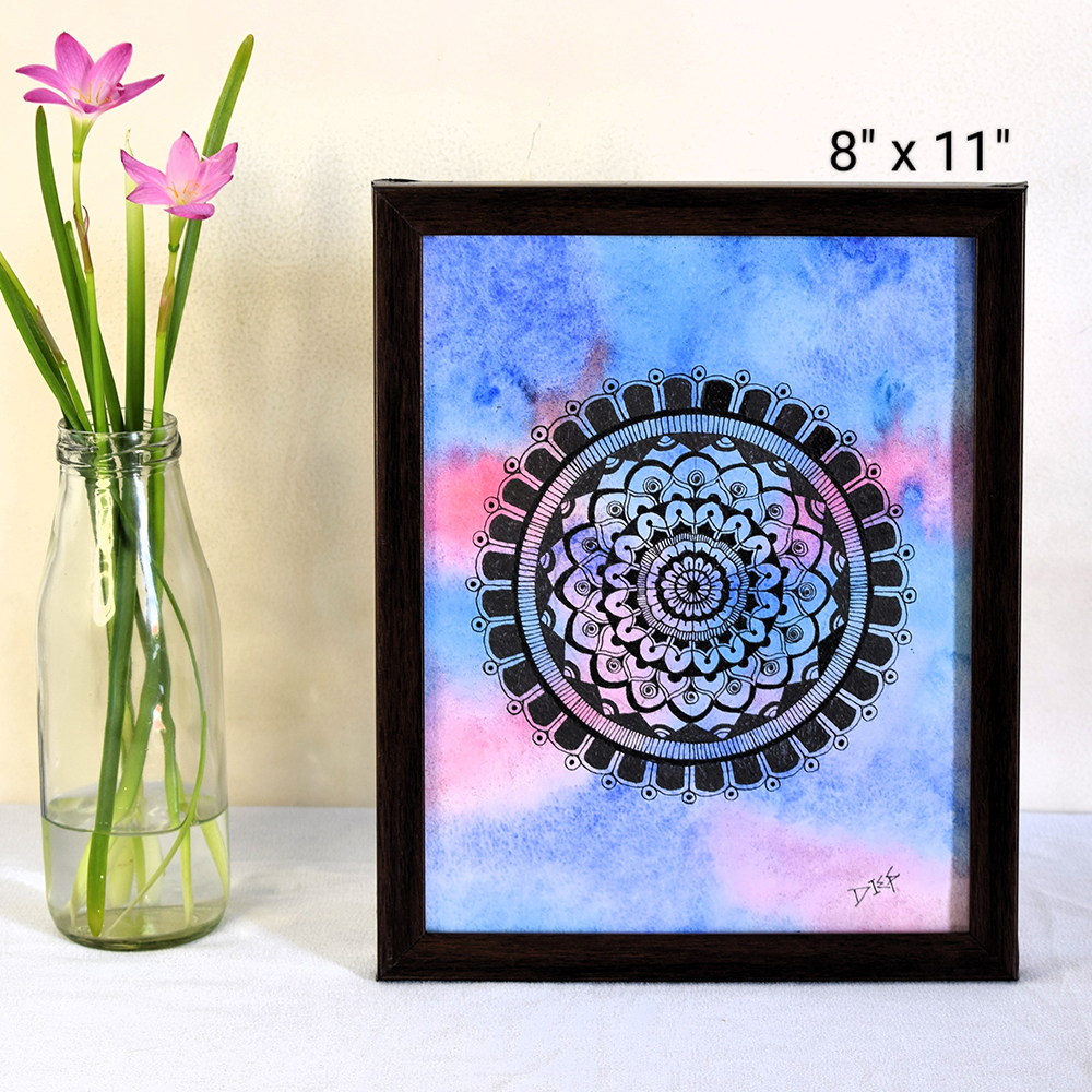 Mandala Bloom Pen Art with Watercolor Background by Artist Dimpana | 8 x 11 Inches