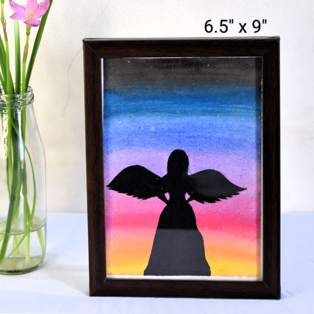 Celestial Glow Angel Silhouette Painting with Watercolor Background by Artist Dimpana | 6.5 x 9 Inches