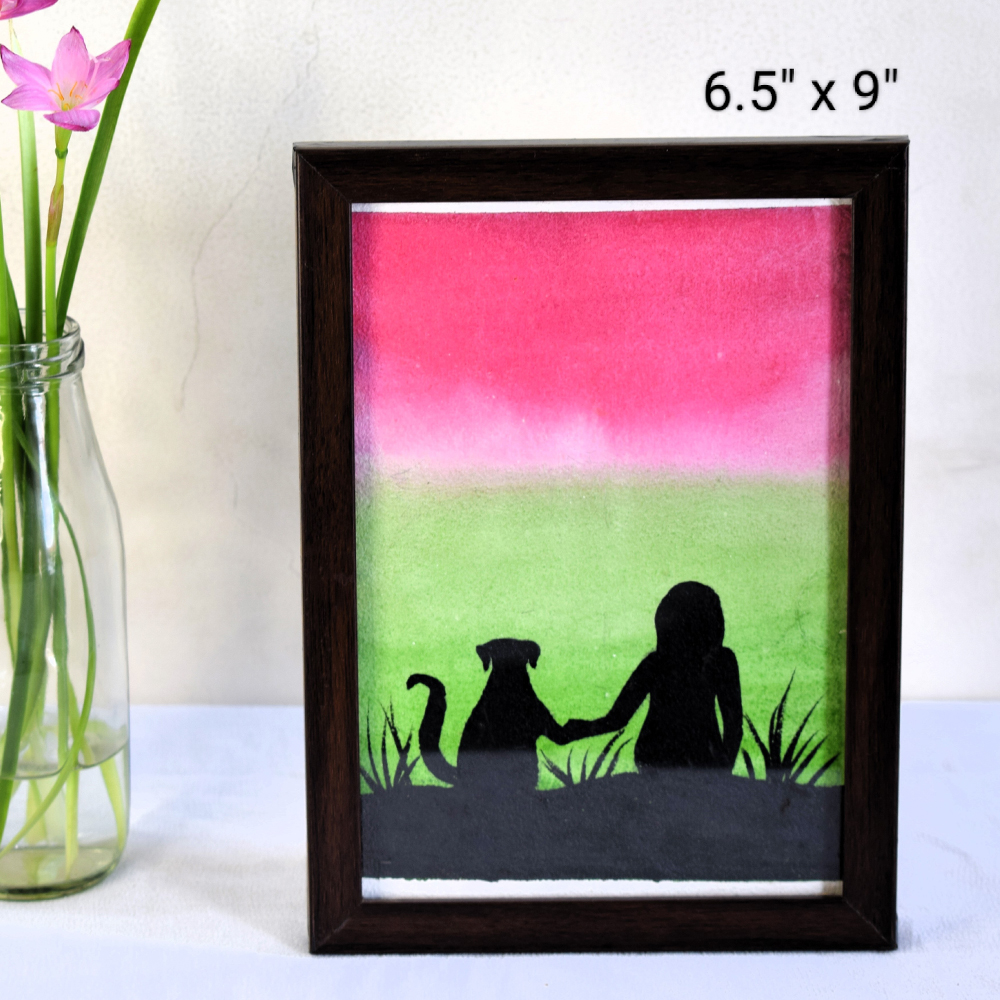 Best Friends Watercolor Silhouette Painting of Girl and Dog by Artist Dimpana |6.5 x 9Inches