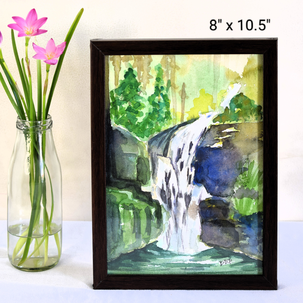 The Waterfall Watercolor Landscape Painting on Paper by Artist Dimpana |8 x 10.5Inches