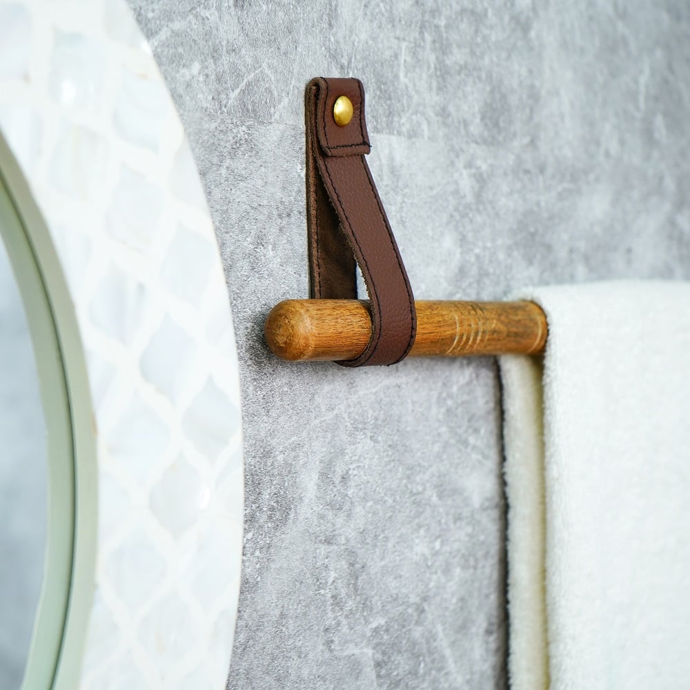 Rustic Wooden Towel Holder with Leather Strap Mount