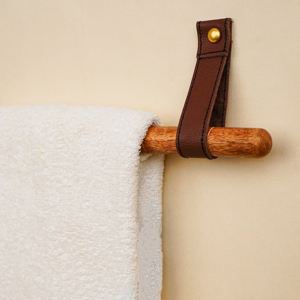 Rustic Wooden Towel Holder with Leather Strap Mount