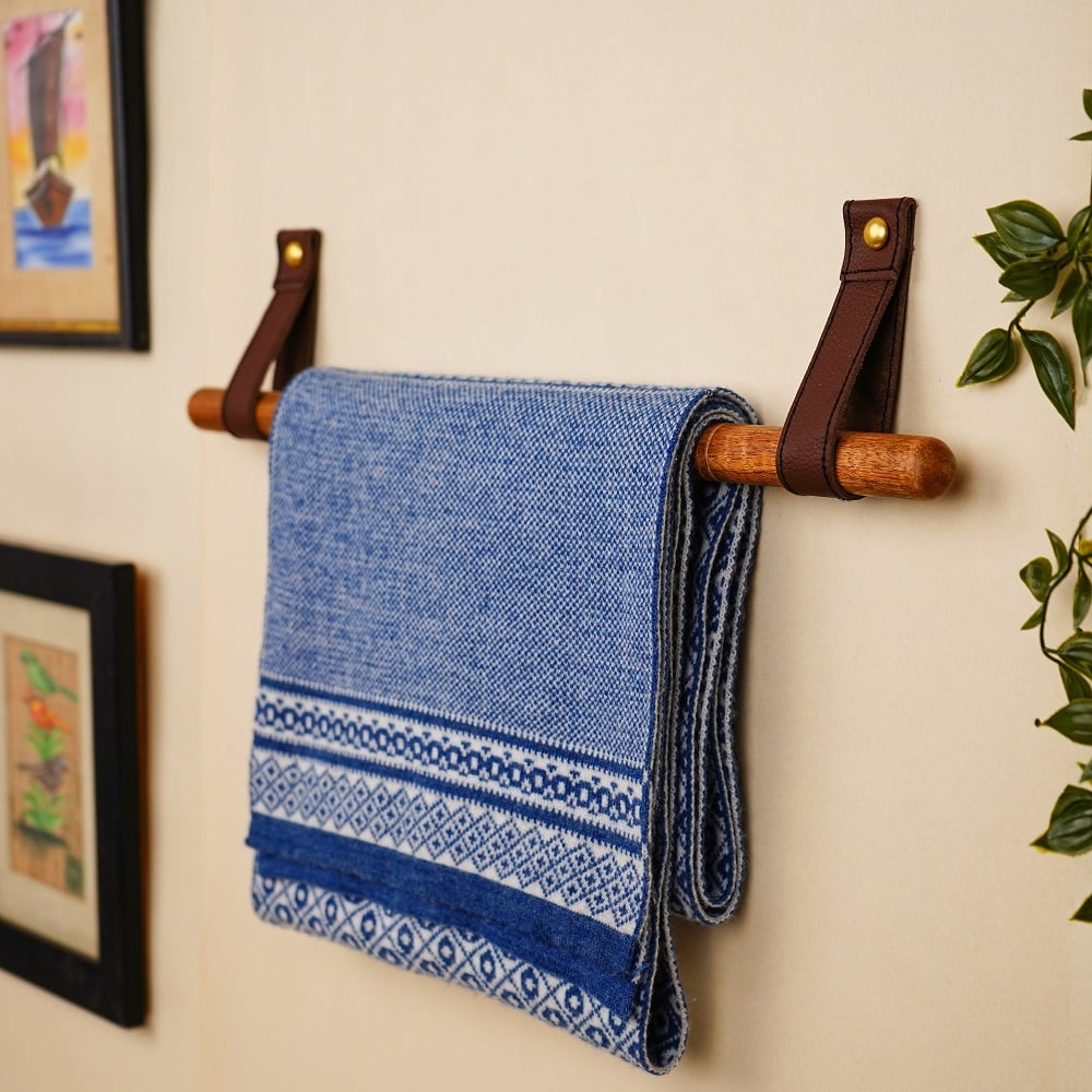 Rustic Wooden Towel Holder with Leather Strap Mount