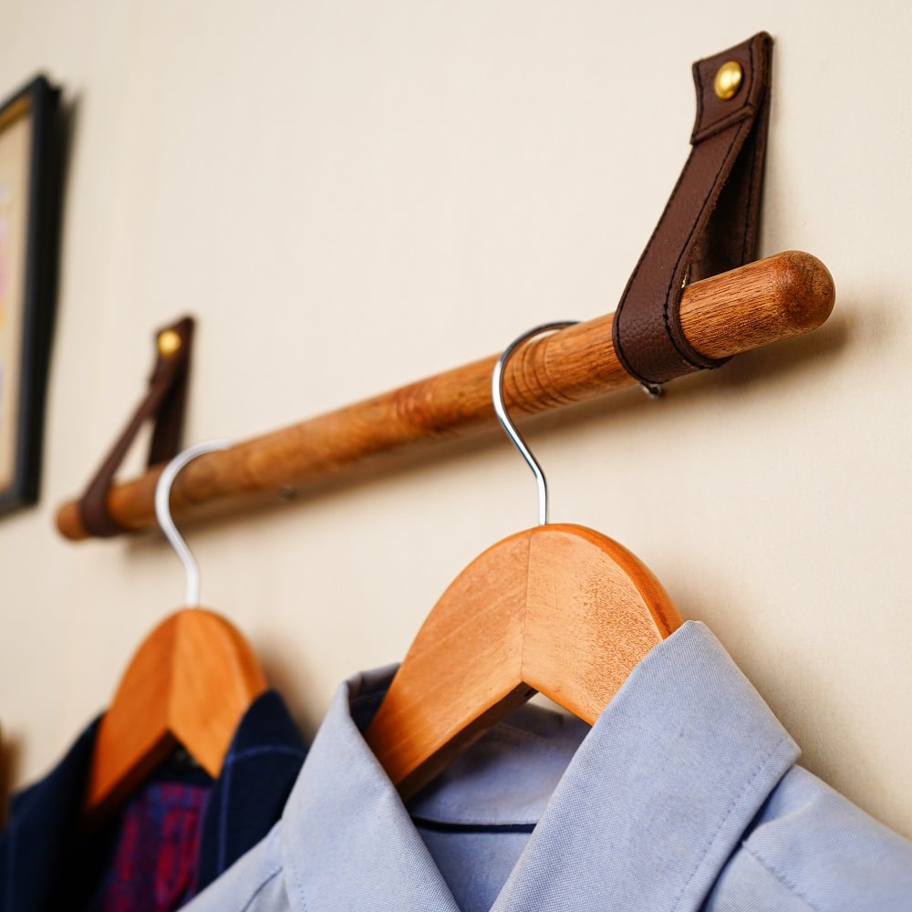 Rustic Wooden Towel Holder with Leather Strap Mount