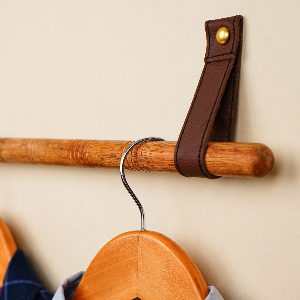 Rustic Wooden Towel Holder with Leather Strap Mount