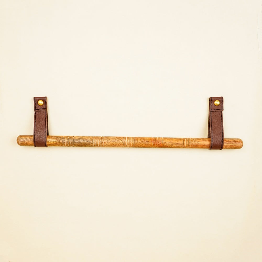 Rustic Wooden Towel Holder with Leather Strap Mount