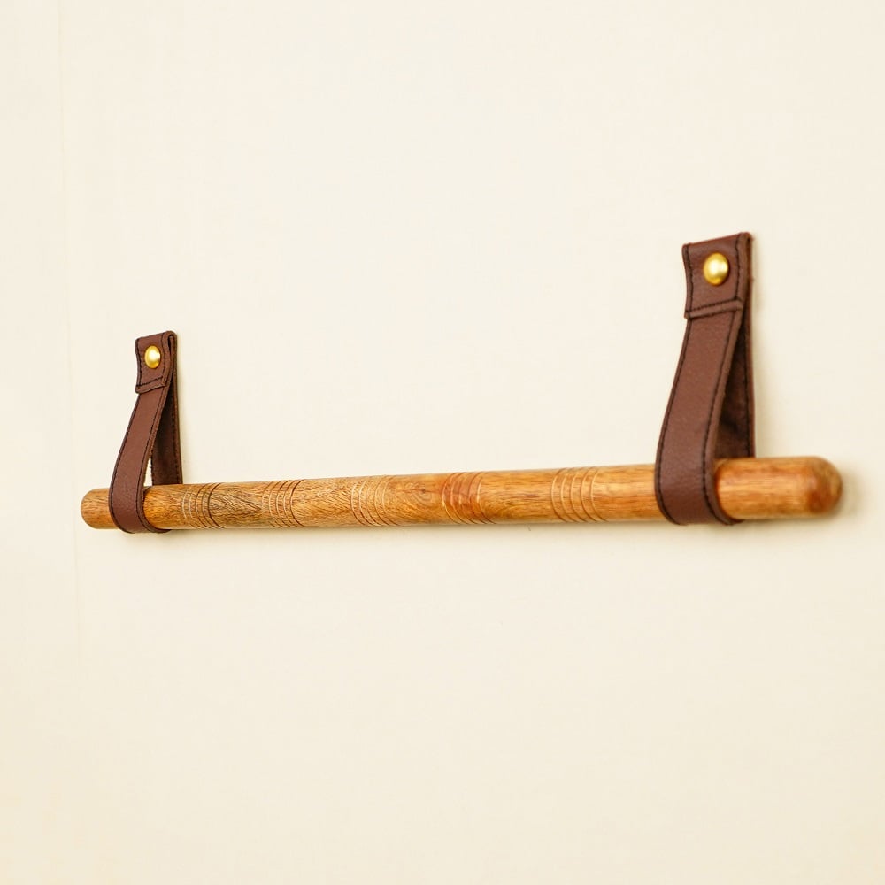 Rustic Wooden Towel Holder with Leather Strap Mount
