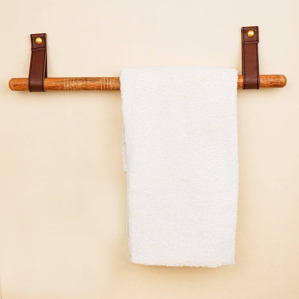 Rustic Wooden Towel Holder with Leather Strap Mount