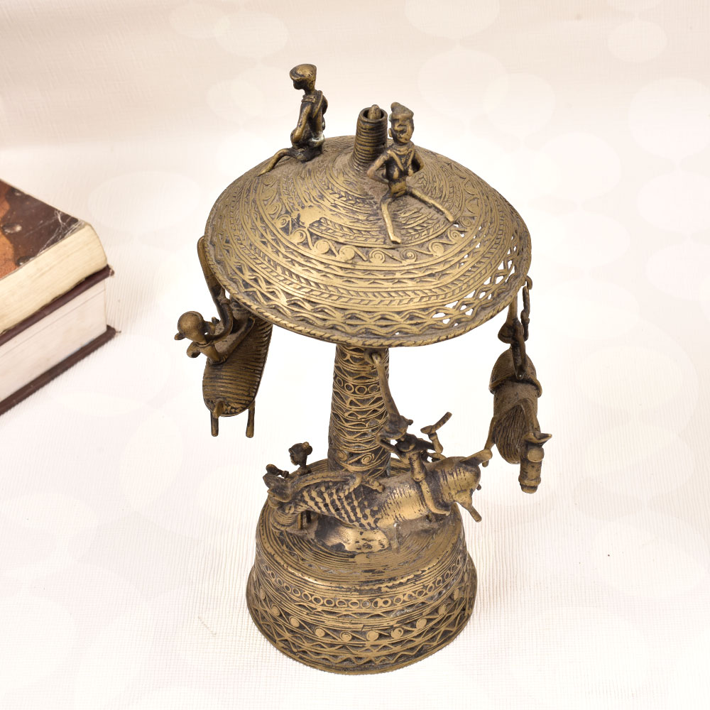 Vintage Brass Umbrella Horse Swing with Male Figures for Decor