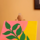 Bold Green Leaf Art on Yellow Pink Canvas