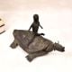 Handcrafted Vintage Folk Brass Turtle Statue with Rider for Decor