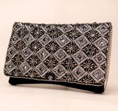 Noir Royale Hand-Beaded Clutch with Ornate Metallic Embroidery