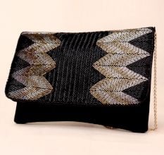 Midnight Chevron Luxe Hand-Beaded Clutch with Chain Strap