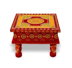Handicraft Wooden Chourang Pooja Chowki Red and Yellow