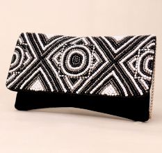 Midnight Monochrome Hand-Beaded Geometric Clutch with Chain Strap
