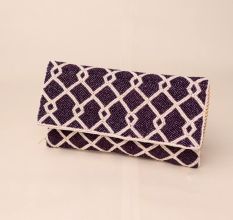 Midnight Lattice Hand-Beaded Clutch with Detachable Chain Strap