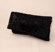 Black Beaded Evening Clutch – Handcrafted Party Sling Bag with Chain Strap