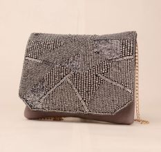 Grey Hand-Beaded Evening Clutch – Metallic Geometric Party Sling Bag