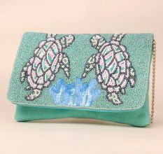 Aqua Haven Hand-Beaded Bird Motif Sling Clutch with Gold Chain Strap