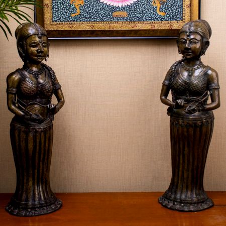 Handcrafted Dark Finish Brass Lady Statue in Tribal Art in Pair