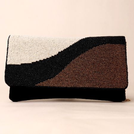 Monochrome Wave Hand-Beaded Sling Bag with Elegant Chain Strap