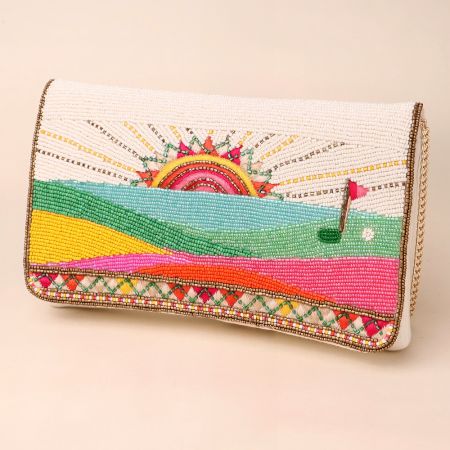 Hand-Beaded Sunrise Landscape Clutch with Vibrant Colors | Party Sling Bag