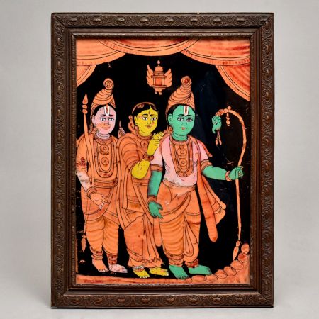 Glass Painting Of Rama Sita and Laxman in Yellow Colour
