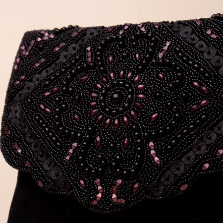 Midnight Blossom Beaded Velvet Clutch with Chain Sling