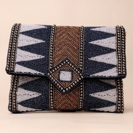 Majestic Mosaic Chevron Beaded Clutch with Chain Strap