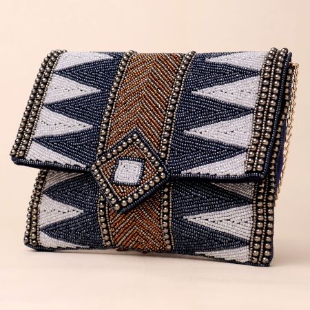 Majestic Mosaic Chevron Beaded Clutch with Chain Strap