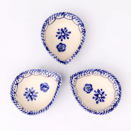 Blue and White Ceramic Diwali Diya For Festival Decoration-Pack of 3
